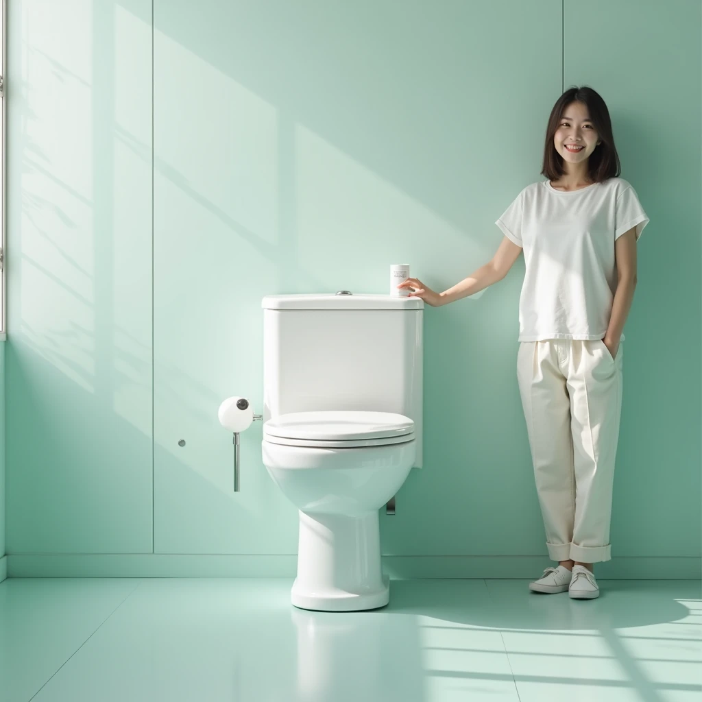 realistic close-up toilet with closed toilet lid, view from above. in a bright color wide school toilet room, feel clean, water. Has a happy korean woman age 30s stand next to it, relax pose, simple wearing