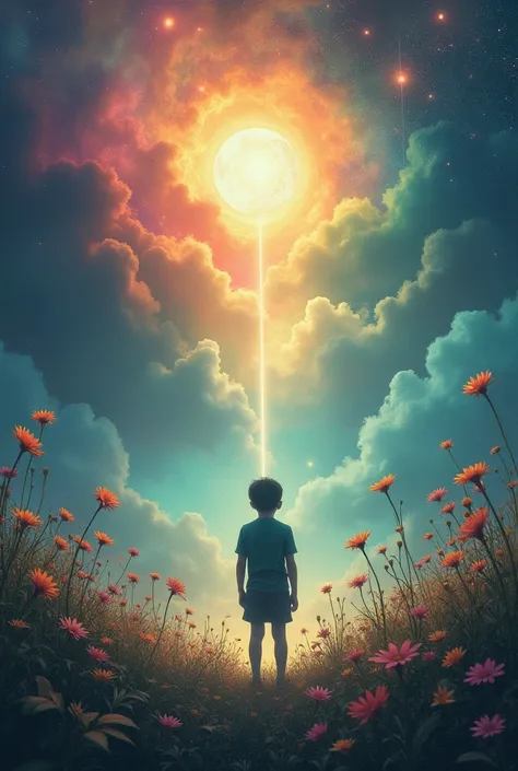 1boy, flowers, leaf, swirling mist, rainbow mist, dripping, traditional texture, (silhouette:1.3), rainbow:1.3, nebula, clouds, moon, meteor shower, post surrealism art

