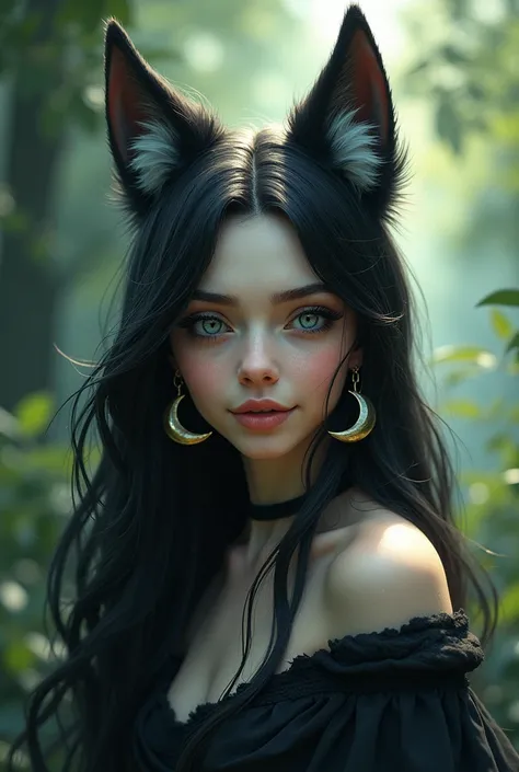 high detail, Long hair, animal ears, Wolf ears, Half Moon Earrings, Smile, Blue eyes, Tooth, the forest, 