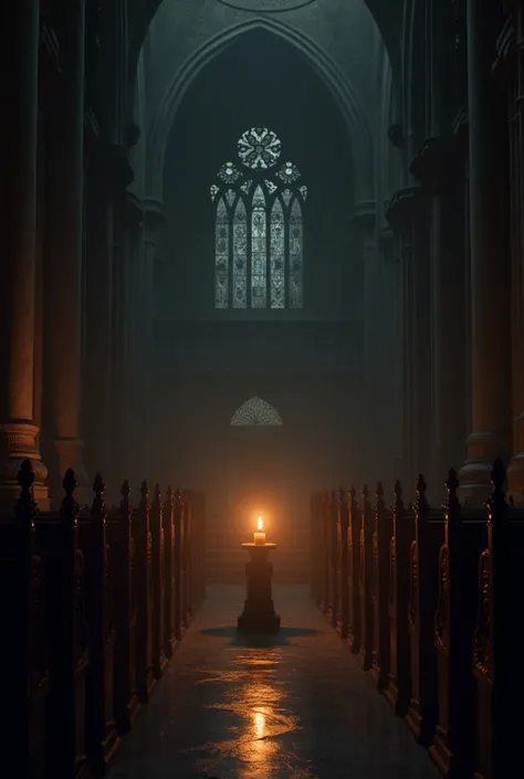 the interior of a church, dark, briefly a candle burning and illuminating 