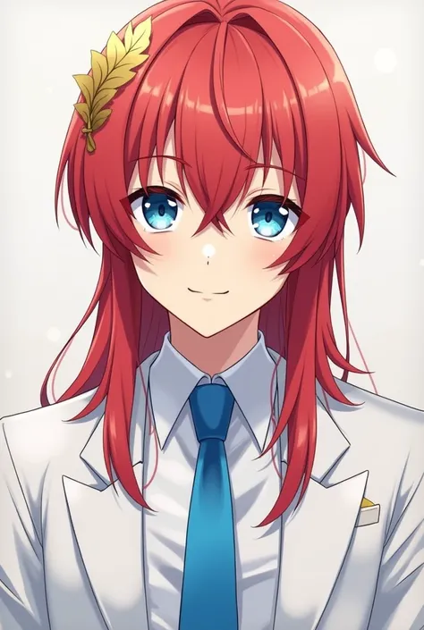 Create an anime-style character with long red hair with a golden leaf on his head, a white formal outfit with a blue tie and dark blue eyes.