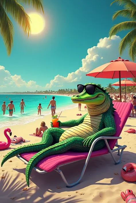 A strikingly vibrant flamboyant crocodile, its scales a riot of neon pinks and greens, reclining on a luxurious sun lounge chair at the center of a bustling beach. The crocodile, donning a pair of oversized black sunglasses, epitomizes the essence of cool ...