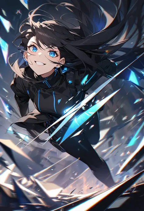 beautiful, Alone, 1 female, mature, Long hair, black hair with bangs, Blue eyes, Cyberpunk Black Uniform, evil smiling face, Future-oriented, blowing in the wind, glass shards, dices, earring, Dynamic, Dreamy, running