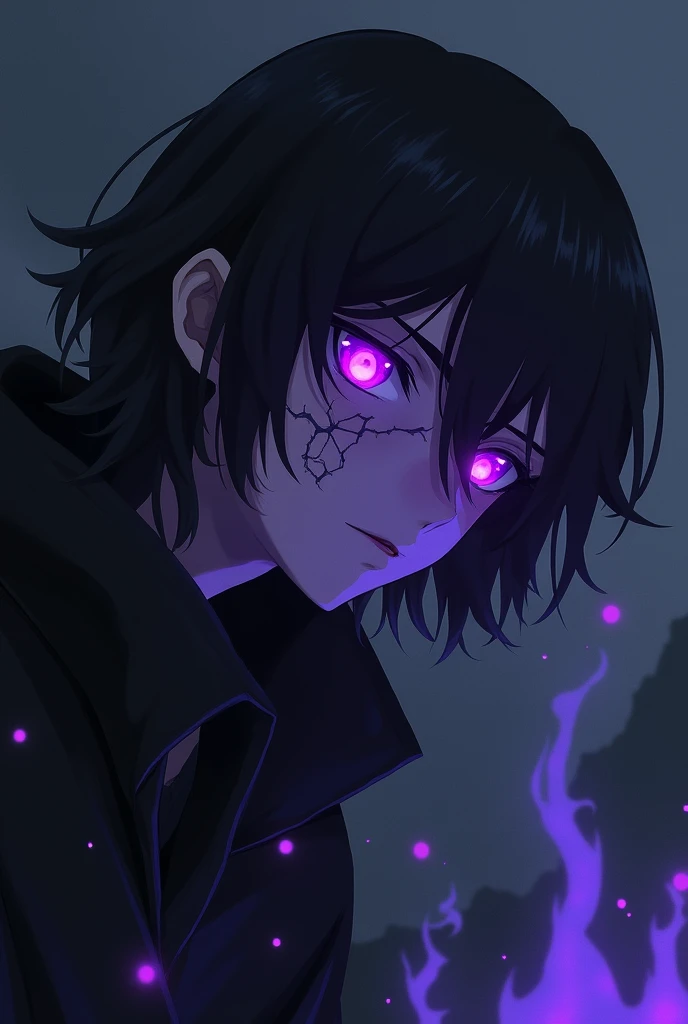 A anime dark theme character looking away dark pruple fire coming from face cracks
