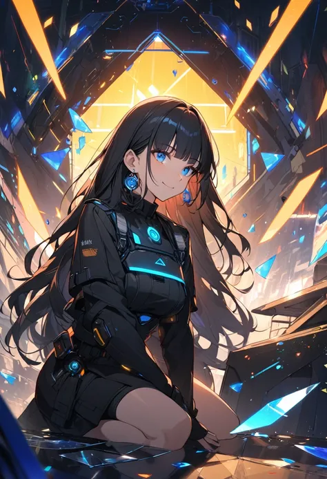 beautiful, Alone, 1 female, mature, Long hair, black hair with bangs, Blue eyes, Cyberpunk Black Uniform, smiling face, Future-oriented, glass shards, dices, earring, Dynamic, Dreamy, Kneeling, Sit down and put your hand out