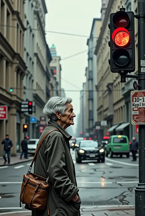 
Background of an old woman waiting at a red light at the intersection

Translate
