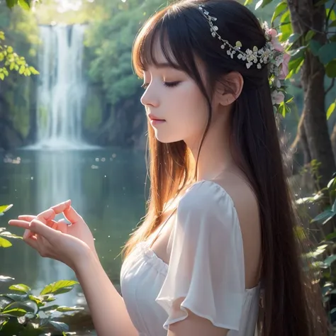 ((Best Quality)), ((masterpiece)), (detailed), One girl, A thin camisole dress , Eyes closed,Long Hair,((masterpiece, Best Quality)), Peaceful, mystical and meditative atmosphere,
