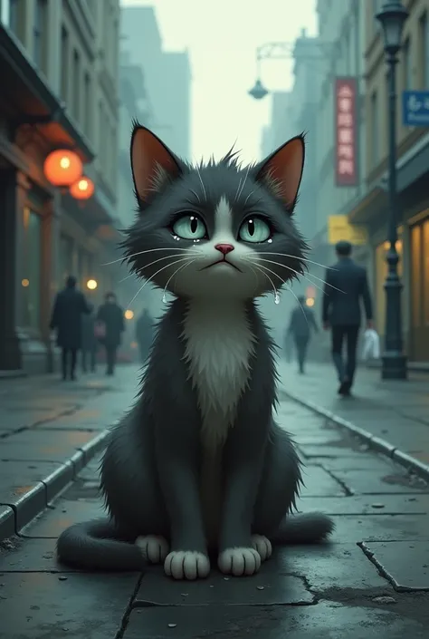 A Cat crying with tears drop in street 