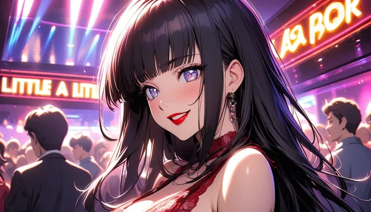 1 pretty and cute person,single,Bright eyes,Red lips,Long black hair with a hime cut and purple highlights,Red lace sexy set,Smile a little,laugh,White glass handle,Nightlife bar,A lot of people,80s atmosphere lighting