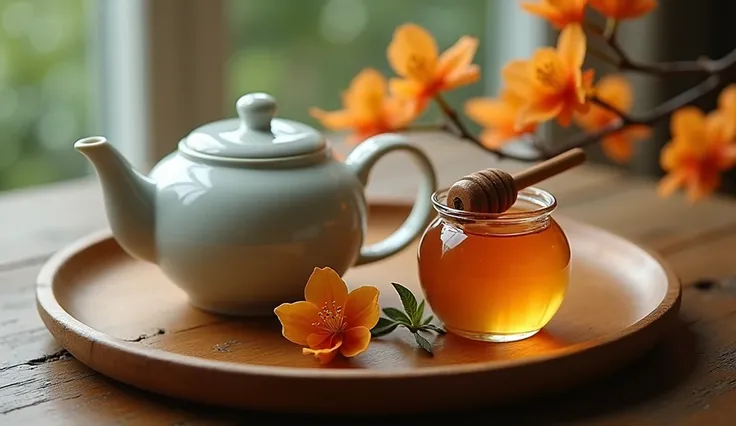 Create a macro shot of a small wooden tray featuring a porcelain teapot, a small honey jar with a honey dipper, and a sprig of orange blossom. The high-definition clarity captures the warm gloss of the honey and the natural light diffusion, highlighting th...