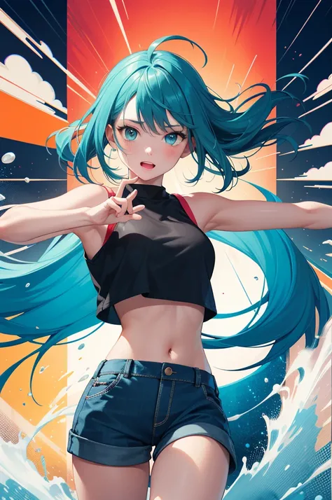 samdoesarts style award winning half body portrait of a beautiful woman in a croptop and cargo pants with ombre navy blue teal hairstyle with head in motion and hair flying, paint splashes, splatter, outrun, vaporware, shaded flat illustration, digital art...