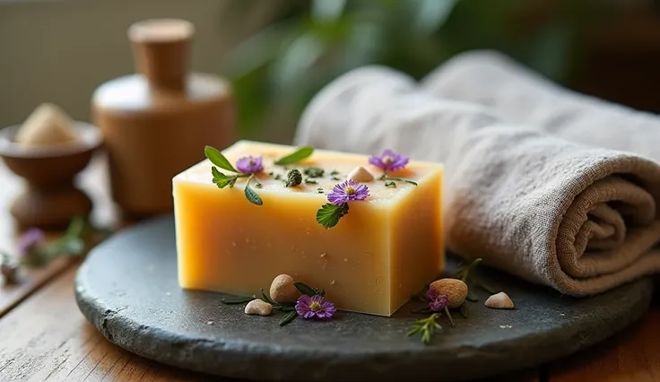 Create a close-up texture detail scene featuring a round stone platter with handmade herbal soap and a rolled soft towel. The soap displays crisp focus on its embedded herbs and flowers, while the natural stone surface adds a subtle contrast. The soft fabr...