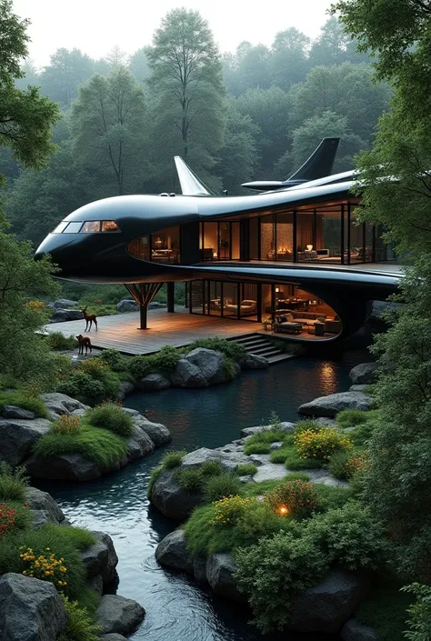 

Create a luxurious house in the shape of a sleek, black private jet, repurposed into a modern. A deep forest and a beautiful garden in front of our house and some animals are here

The overall atmosphere is serene and sophisticated, blending modern desig...