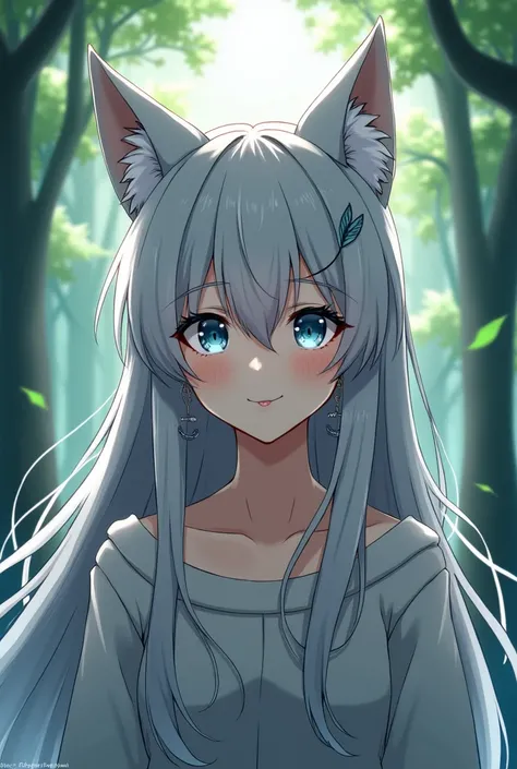  Long hair, animal ears, Wolf ears, Half Moon Earrings, Smile, Blue eyes, gray hair, Tooth, the forest, high resolution, anime