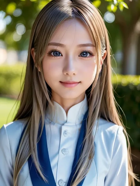 Beautiful young woman of 20 years old、Shiny platinum blonde long hair reflecting the light, Attractive bangs、wear (Hinatazaka46 uniform:1.75), (Bright and beautiful smile:1.25), Perfect and glowing skin,Clear blue eyes,(Large, well-proportioned eyes:1.5),(...