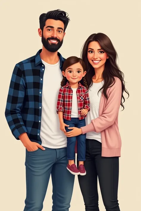 A happy family standing together: a 3 man with a medium-length face, black hair and beard, wearing a blue and black checkered shirt over a white T-shirt and blue jeans. The mother, 3 with straight brown hair and a slightly round face, is wearing a white sh...