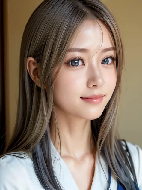 Beautiful young woman of 20 years old、Shiny platinum blonde long hair reflecting the light, Attractive bangs、wear (Hinatazaka46 uniform:1.75), (Bright and beautiful smile:1.25), Perfect and glowing skin,Clear blue eyes,(Large, well-proportioned eyes:1.5),(...