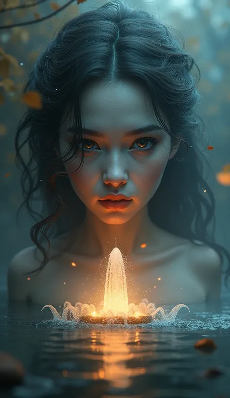 Masterpiece. Conceptual art. 16K. UHD. High quality, photorealism. Thematic background. Fog. Fabulous glowing fountain in the autumn park. Night. fantasy. Mysticism. Detailed face with expressive eyes. Stunning full color design, sharp focus, studio shot, ...