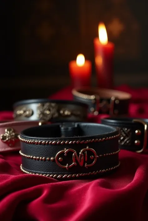 Different submissive collars with BDSM symbolism. Some made of leather, others made of metal, etc., of different shapes displayed on a red cloth with a dark setting with candles at the back of the room.