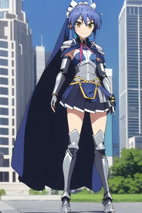 (masterpiece, 4k, best quality, highly detailed, 1girl, solo, smile, small breasts, standing, city, full body), nonaka kurumi, blue hair, high ponytail, yellow eyes, gloves, hair ribbon, armor, cape, gauntlets, greaves, neckerchief, pleated skirt, 