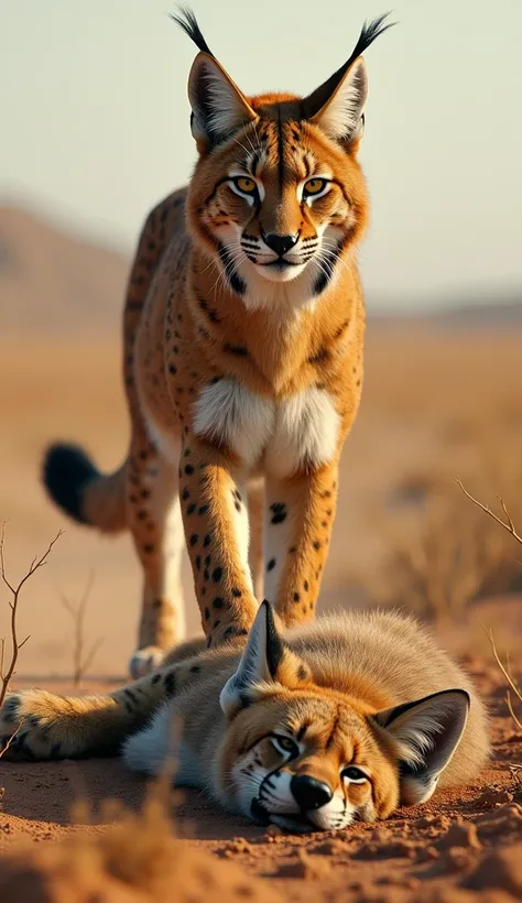 Lynx standing on a dead hyena that it fought