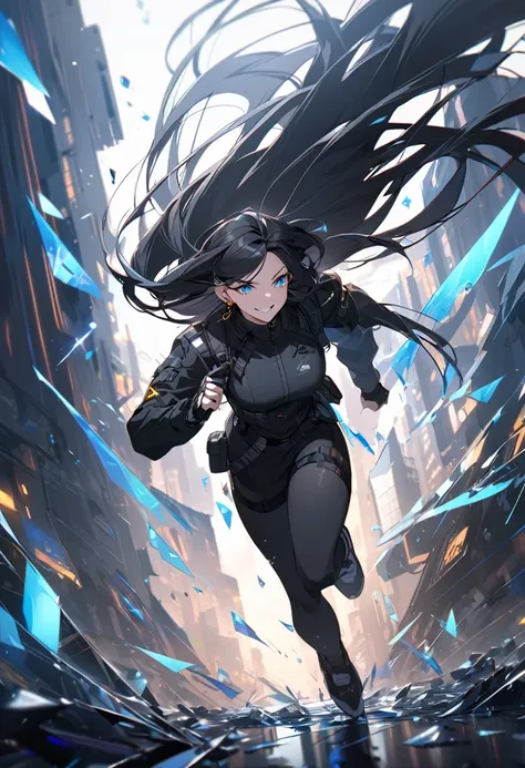 beautiful, Alone, 1 female, mature, Long hair, black hair with bangs, Blue eyes, Cyberpunk Black Uniform, evil smiling face, Future-oriented, blowing in the wind, glass shards, dices, earring, Dynamic, Dreamy, running