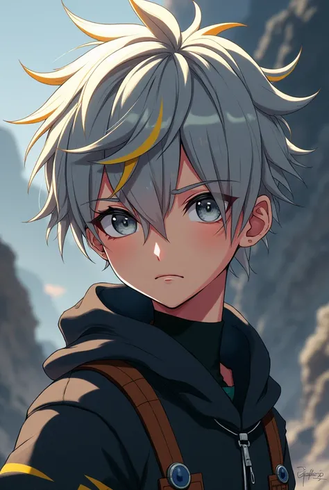  an anime character boy
With cool hair grey eyes with blonde hair 