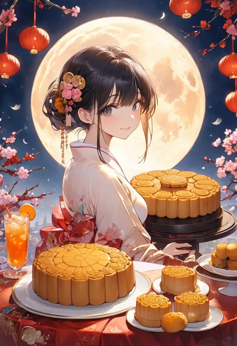 Background is night，There is a full moon in the sky，Very big moon，有一隻兔耳小妹妹吃著moon cake，The body proportion is one quarter of the entire picture，Lots of sweets next to it、moon cake、cake、drinks，warm style
