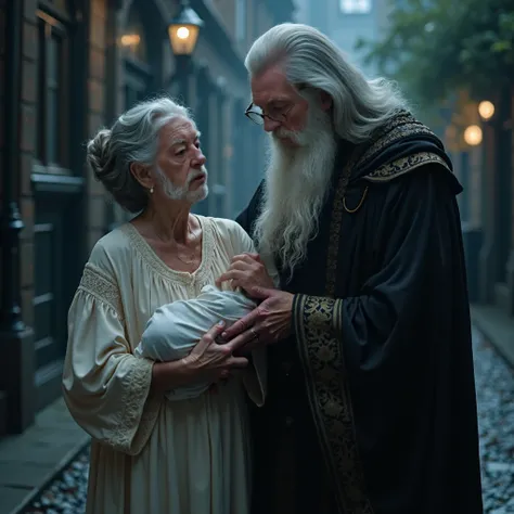 The grandmother in night dress held the baby wrapped in white cloth, while Michael Gambon’s Dumbledore stood beside her. His long silver hair and beard flowed elegantly, and his richly decorated dark robes added to his imposing presence. His piercing blue ...