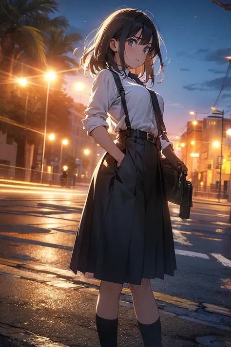 high quality, masterpiece, Ultra-high resolution, (realism: 1.4), Oil painting style, Cinema Lighting, , I stood on the empty asphalt road and looked at it.., And suspenders with flying cranes　　Large Breasts　 　 　　　　Small Face　 　　　holster　　　　　　　 Lying in be...