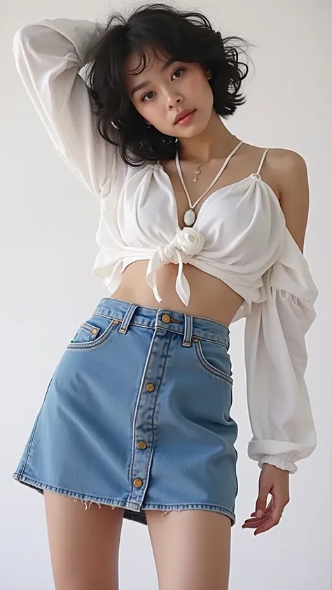 a close up of a young woman in a white blouse and blue skirt, top holder, halter top, wearing a crop tops, wearing a crop top, wearing top curto, croptoptop curto, wearing a crop top sexy, halter neckline, the smallest diaphragm ever, white top holder, nud...