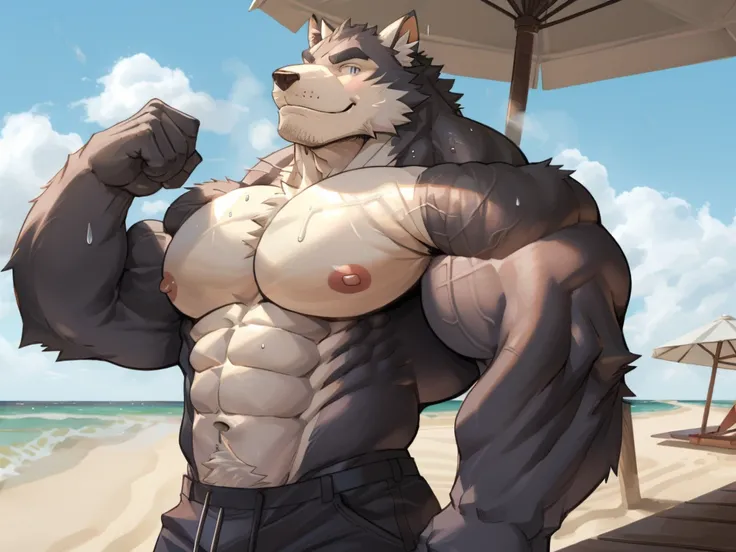 male focus, score_9, score_8, score_7, score_6,  bara, big muscles, correct anatomy, detailed eyes, simple backed, source_furry,...