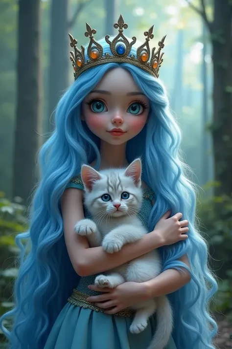 A photo of a young fantasy queen with long blue hair and blue eyes. She is hugging a long-haired blue-eyed kitten. The queen is wearinga crown and a royal gown. The background is a magical forest with tall trees. The lighting is soft.