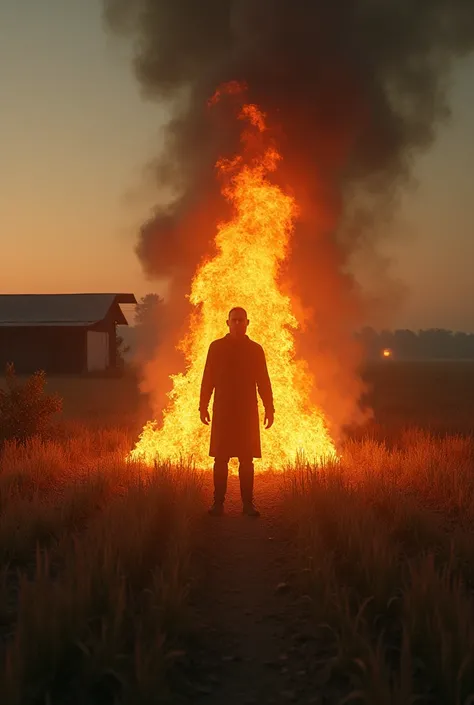 Flat ground and yellow farm center of tha farm a people flaming himself for his family camera engle from left side