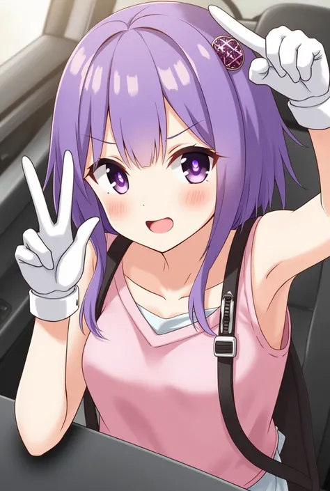 Hosino Ai, gloves, language sticking out, language, by the wide, Star (symbol), watch display, (purple hair: 1.2), purple eyes, upper body, hair ornament, steering wheels, pink shirt, smile, sleeveless, shirt, idol, symbol shaped pupil, Raised hands, blows...