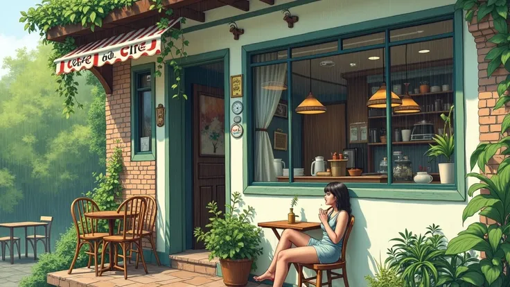 Line art painting of a coffee shop surrounded by greenery with the sign saying "Sol do Cafe", light rain outside,with a woman sitting in a chair looking at the street,detailed texture, 