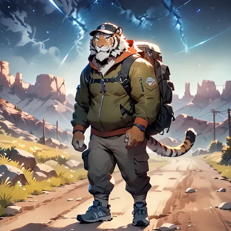 masterpiece, best quality, very aesthetic, absurdres, super fine illustration, BREAK [face:full body:10], looking away, from above, american country, backpacker, plump middle-aged tiger man, fluffy body, tail, brown eyes, beautiful beard, male face, big fa...