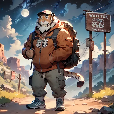 masterpiece, best quality, very aesthetic, absurdres, super fine illustration, BREAK [face:full body:10], looking away, from above, american country, backpacker, plump middle-aged tiger man, fluffy body, tail, brown eyes, beautiful beard, male face, big fa...