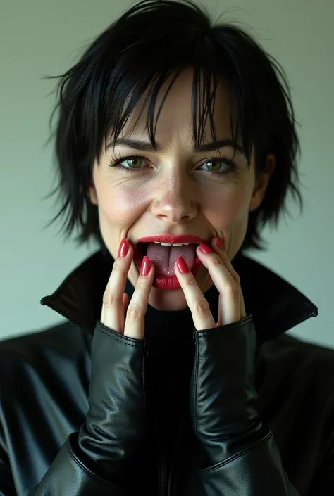 (photorealism:1.2), the character Trinity from the movie the matrix with short hair, in black leather, starting directly at the camera with a bored look on her face, stretching her mouth wide open with her fingers, tongue out and drooling, pulling her lips...