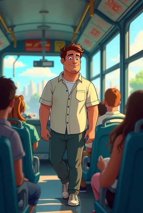 Man traveling in bus in animation
