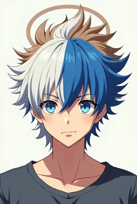 Create a male anime-style character with white hair with a blue streak in the middle of the hair and another part of the hair being brown and forming a circle around the hair 