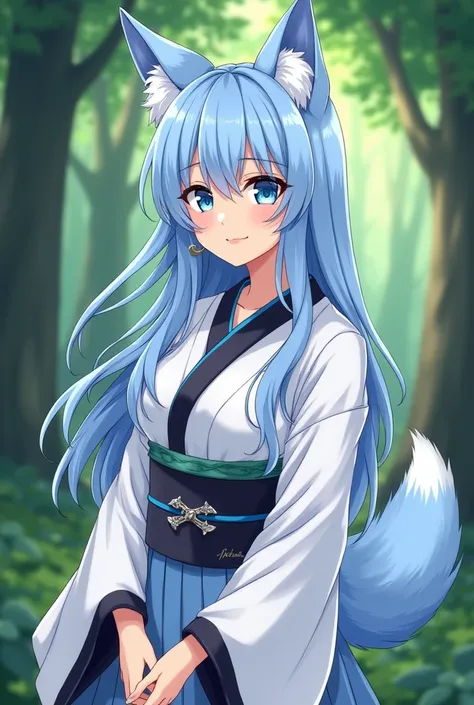 (adult wolf female:1.2), (solo:1.2), (wolf-girl:1.3), (long light blue hair:1.15), (light blue wolf ears:1.25), (deep blue beautiful eyes:1.1), (silver crescent moon earrings:1.1), (medium breast:1.1), (calm smile, protruding fang:1.2),  (fluffy wolf tail:...