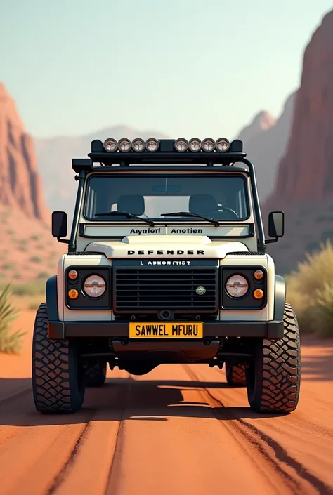 Create a 3D image of a  land rover defender with a yellow license plate displaying the all capital latters name "SAMWEL MFURU "front