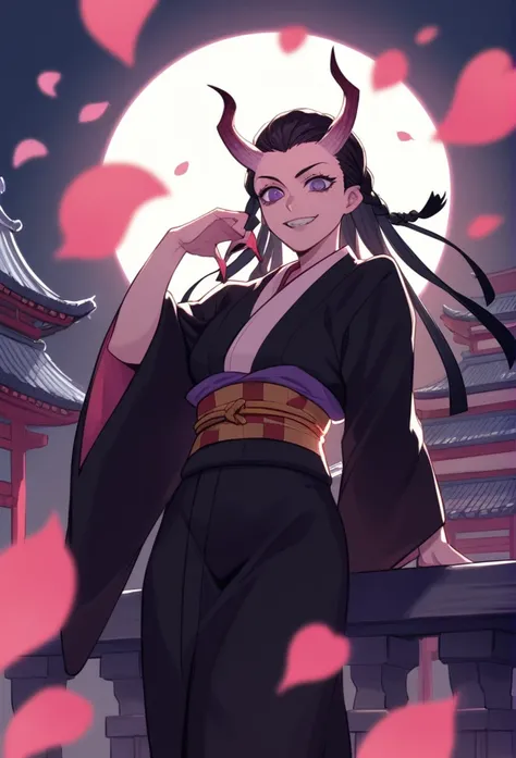 1girl, solo, demon slayer, sexy style, black hair, long hair, hair in a braid, black kimono, short kimono, purple eyes, predatory smile, against a full moon, sharp claws, petals circling, stands on the roof of a chinese temple, the view from below 