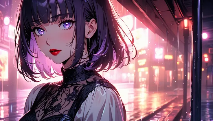 Beautiful and cute,single,Bright eyes,Red lips,Hime cut hairstyle with black and purple highlights,A thin white dress that shows black lace,A place where rain falls on the side of the road,80s atmosphere lighting