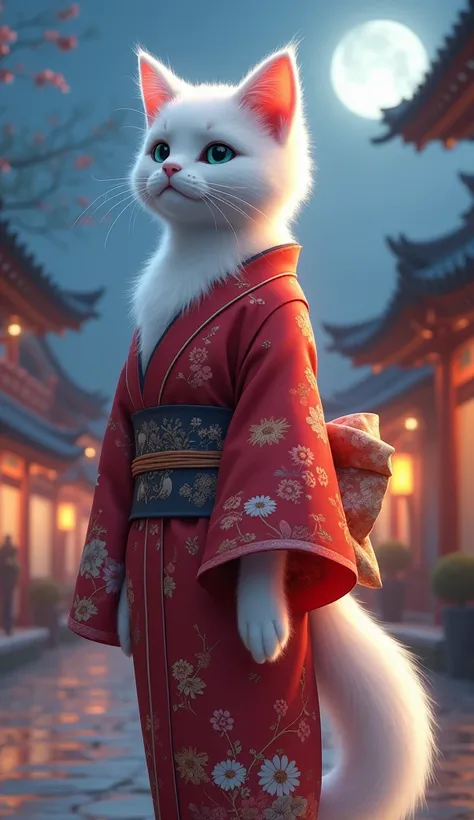 A humanoid white female cat stand on town in moon 🌙 night like japanese style, she wear red colour kimono 👘, she blushing to him her mouth open with excitement, adorable blue eyes, thicker boobs, slime waist, tallest height, furry,  furry 