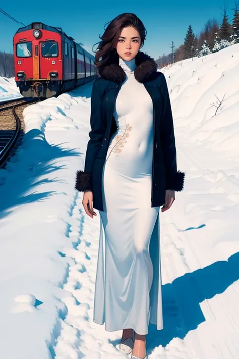 (8K, photo and gross, Better quality, maestro:1.2), (realistic, fotorrealistic:1.37), ultra detailed, 1 girl, beautiful, alone, Beautiful detailed winter landscape with snow and an old train, (blush), (full body: 1.1), (smile: 1.1), big breasts, beautiful ...