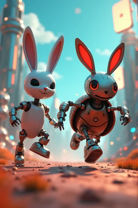 Create a robotic animated pic of rabbit and tortoise 