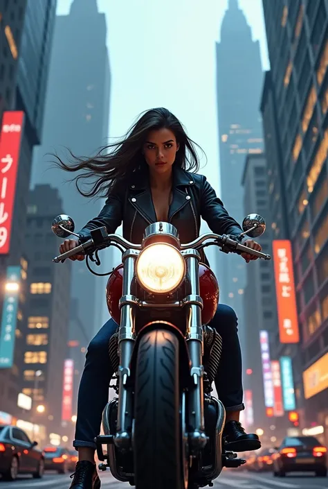 Girl on a motorcycle, against the backdrop of high-rise buildings.