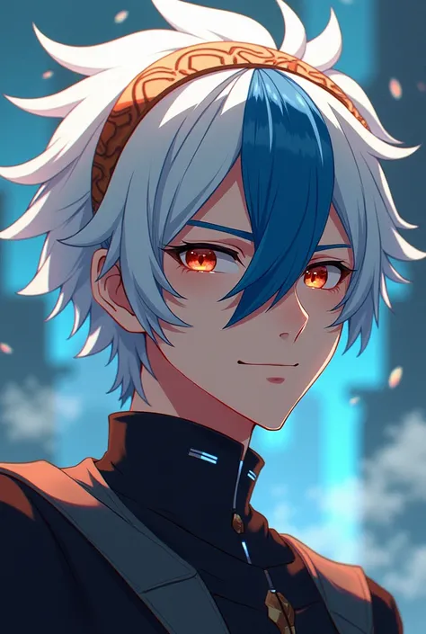 Create a male character in anime style with white hair with a blue streak in the middle of the hair and another part of the hair being brown and forming a circle around the hair as if it were a tiara